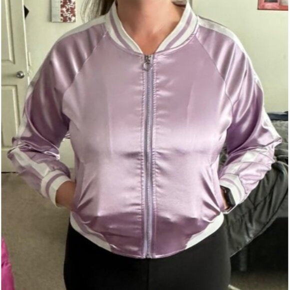 Women's Bomber Jacket Lightweight Zip Up Jacket Casual Striped Jacket Coat - Picture 3 of 4